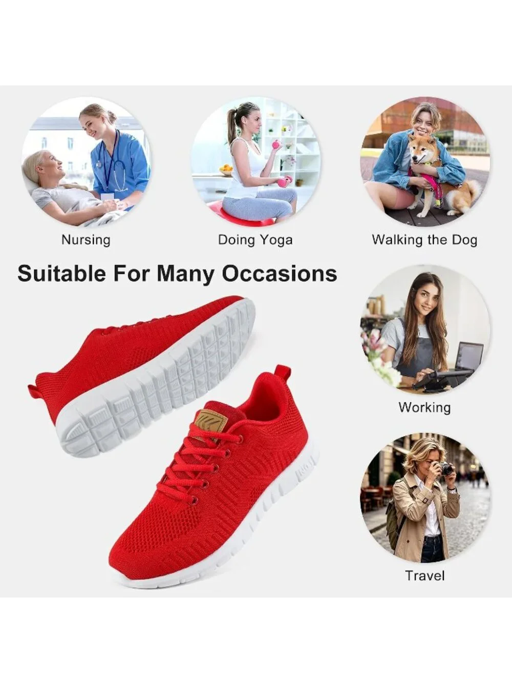 Women's Red Lightweight Non Slip Comfortable Breathable Pull On Sneakers